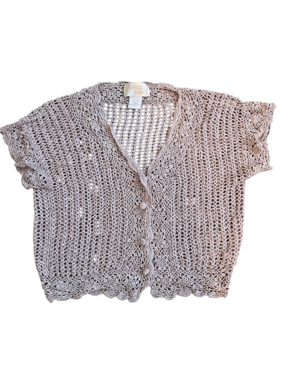 Crochet Short-Sleeve Button-Front Cardigan in Light Taupe